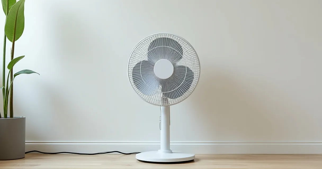 Nahaufnahme des engmaschigen Schutzgitters eines Standventilators vor einer hellen Wand, das Kabel ist sauber an der Wand entlang geführt