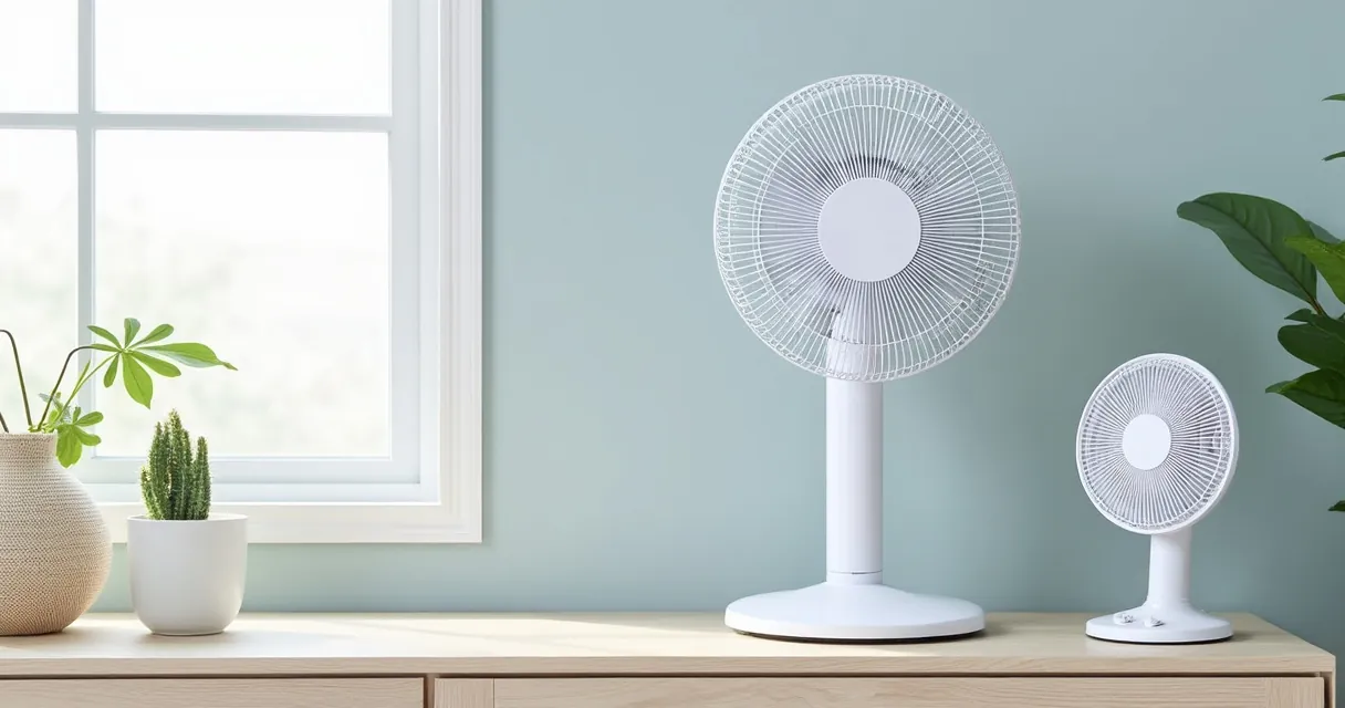 Weißer Standventilator und ein kleiner Tischventilator auf einer Kommode in einem hellen Raum mit Fenster
