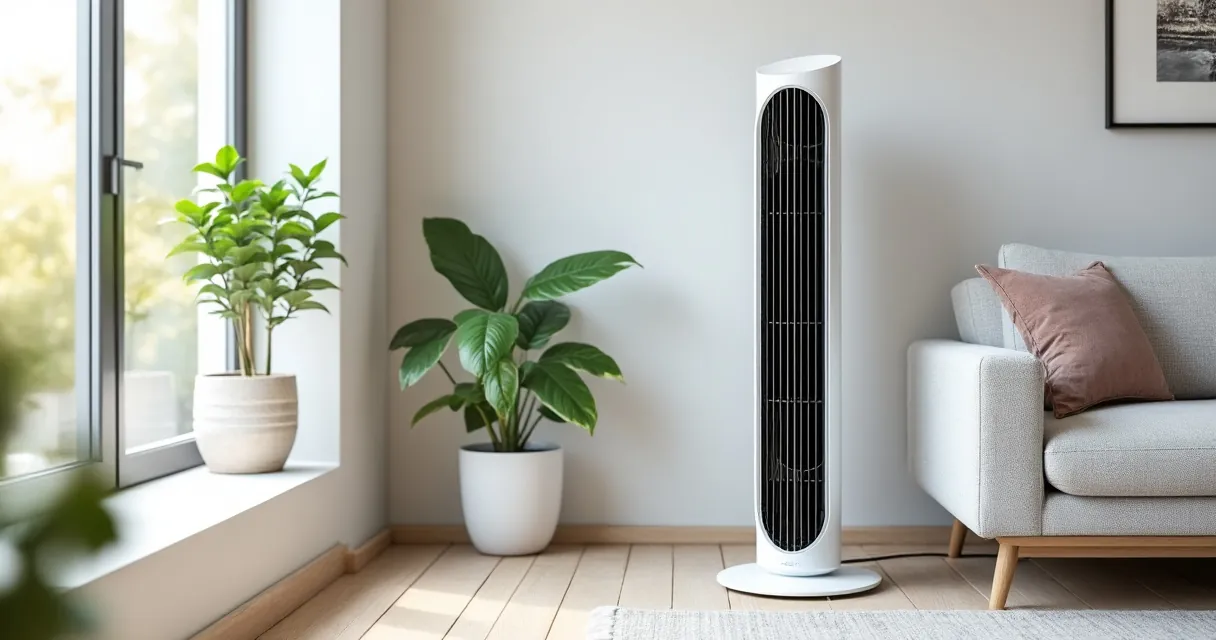 Schlanker weißer Turmventilator steht in der Ecke eines hellen Wohnzimmers mit Holzboden, daneben eine Zimmerpflanze und ein helles Sofa